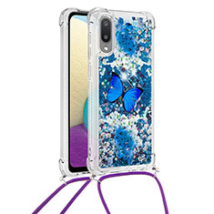 Silikon Hülle Handyhülle Gummi Schutzhülle Flexible Tasche Bling-Bling mit Schlüsselband Lanyard S02 für Samsung Galaxy M02 Blau