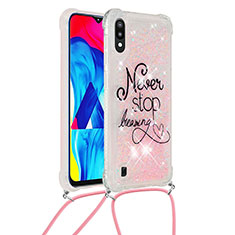 Silikon Hülle Handyhülle Gummi Schutzhülle Flexible Tasche Bling-Bling mit Schlüsselband Lanyard S02 für Samsung Galaxy M10 Rosa