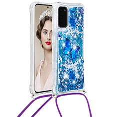 Silikon Hülle Handyhülle Gummi Schutzhülle Flexible Tasche Bling-Bling mit Schlüsselband Lanyard S02 für Samsung Galaxy S20 5G Blau