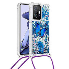 Silikon Hülle Handyhülle Gummi Schutzhülle Flexible Tasche Bling-Bling mit Schlüsselband Lanyard S02 für Xiaomi Mi 11T 5G Blau
