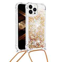 Silikon Hülle Handyhülle Gummi Schutzhülle Flexible Tasche Bling-Bling mit Schlüsselband Lanyard S03 für Apple iPhone 13 Pro Gold