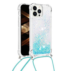 Silikon Hülle Handyhülle Gummi Schutzhülle Flexible Tasche Bling-Bling mit Schlüsselband Lanyard S03 für Apple iPhone 13 Pro Max Hellblau