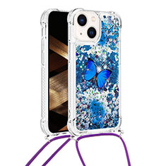 Silikon Hülle Handyhülle Gummi Schutzhülle Flexible Tasche Bling-Bling mit Schlüsselband Lanyard S03 für Apple iPhone 14 Blau