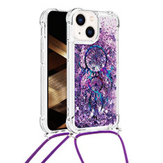 Silikon Hülle Handyhülle Gummi Schutzhülle Flexible Tasche Bling-Bling mit Schlüsselband Lanyard S03 für Apple iPhone 14 Plus Violett