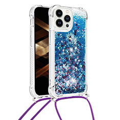 Silikon Hülle Handyhülle Gummi Schutzhülle Flexible Tasche Bling-Bling mit Schlüsselband Lanyard S03 für Apple iPhone 14 Pro Blau