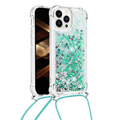 Silikon Hülle Handyhülle Gummi Schutzhülle Flexible Tasche Bling-Bling mit Schlüsselband Lanyard S03 für Apple iPhone 14 Pro Grün