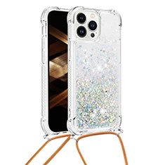 Silikon Hülle Handyhülle Gummi Schutzhülle Flexible Tasche Bling-Bling mit Schlüsselband Lanyard S03 für Apple iPhone 14 Pro Hellblau