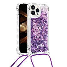 Silikon Hülle Handyhülle Gummi Schutzhülle Flexible Tasche Bling-Bling mit Schlüsselband Lanyard S03 für Apple iPhone 14 Pro Max Violett