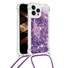 Silikon Hülle Handyhülle Gummi Schutzhülle Flexible Tasche Bling-Bling mit Schlüsselband Lanyard S03 für Apple iPhone 14 Pro Violett