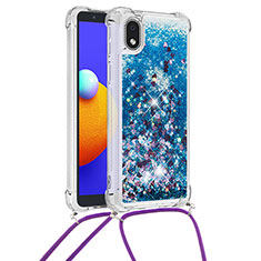 Silikon Hülle Handyhülle Gummi Schutzhülle Flexible Tasche Bling-Bling mit Schlüsselband Lanyard S03 für Samsung Galaxy A01 Core Blau