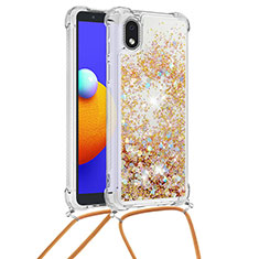 Silikon Hülle Handyhülle Gummi Schutzhülle Flexible Tasche Bling-Bling mit Schlüsselband Lanyard S03 für Samsung Galaxy A01 Core Gold