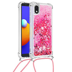 Silikon Hülle Handyhülle Gummi Schutzhülle Flexible Tasche Bling-Bling mit Schlüsselband Lanyard S03 für Samsung Galaxy A01 Core Pink