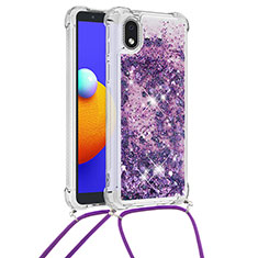 Silikon Hülle Handyhülle Gummi Schutzhülle Flexible Tasche Bling-Bling mit Schlüsselband Lanyard S03 für Samsung Galaxy A01 Core Violett