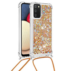 Silikon Hülle Handyhülle Gummi Schutzhülle Flexible Tasche Bling-Bling mit Schlüsselband Lanyard S03 für Samsung Galaxy A03s Gold