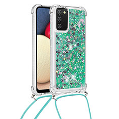 Silikon Hülle Handyhülle Gummi Schutzhülle Flexible Tasche Bling-Bling mit Schlüsselband Lanyard S03 für Samsung Galaxy A03s Grün