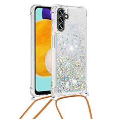 Silikon Hülle Handyhülle Gummi Schutzhülle Flexible Tasche Bling-Bling mit Schlüsselband Lanyard S03 für Samsung Galaxy A04s Silber