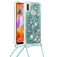 Silikon Hülle Handyhülle Gummi Schutzhülle Flexible Tasche Bling-Bling mit Schlüsselband Lanyard S03 für Samsung Galaxy A11 Grün