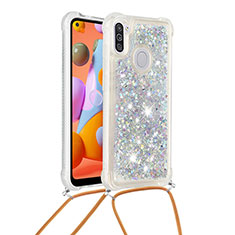 Silikon Hülle Handyhülle Gummi Schutzhülle Flexible Tasche Bling-Bling mit Schlüsselband Lanyard S03 für Samsung Galaxy A11 Silber