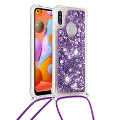 Silikon Hülle Handyhülle Gummi Schutzhülle Flexible Tasche Bling-Bling mit Schlüsselband Lanyard S03 für Samsung Galaxy A11 Violett