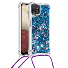 Silikon Hülle Handyhülle Gummi Schutzhülle Flexible Tasche Bling-Bling mit Schlüsselband Lanyard S03 für Samsung Galaxy A12 5G Blau