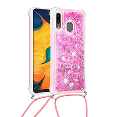 Silikon Hülle Handyhülle Gummi Schutzhülle Flexible Tasche Bling-Bling mit Schlüsselband Lanyard S03 für Samsung Galaxy A20 Pink