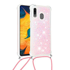 Silikon Hülle Handyhülle Gummi Schutzhülle Flexible Tasche Bling-Bling mit Schlüsselband Lanyard S03 für Samsung Galaxy A20 Rosa