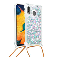 Silikon Hülle Handyhülle Gummi Schutzhülle Flexible Tasche Bling-Bling mit Schlüsselband Lanyard S03 für Samsung Galaxy A20 Silber