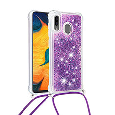 Silikon Hülle Handyhülle Gummi Schutzhülle Flexible Tasche Bling-Bling mit Schlüsselband Lanyard S03 für Samsung Galaxy A20 Violett