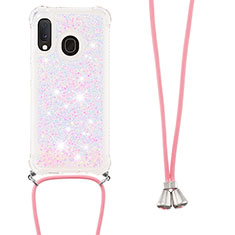 Silikon Hülle Handyhülle Gummi Schutzhülle Flexible Tasche Bling-Bling mit Schlüsselband Lanyard S03 für Samsung Galaxy A20e Rosa