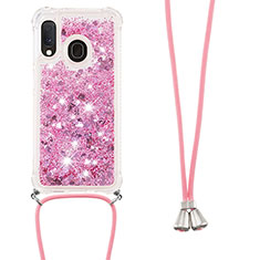 Silikon Hülle Handyhülle Gummi Schutzhülle Flexible Tasche Bling-Bling mit Schlüsselband Lanyard S03 für Samsung Galaxy A20e Rot