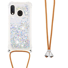 Silikon Hülle Handyhülle Gummi Schutzhülle Flexible Tasche Bling-Bling mit Schlüsselband Lanyard S03 für Samsung Galaxy A20e Silber