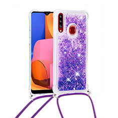 Silikon Hülle Handyhülle Gummi Schutzhülle Flexible Tasche Bling-Bling mit Schlüsselband Lanyard S03 für Samsung Galaxy A20s Violett