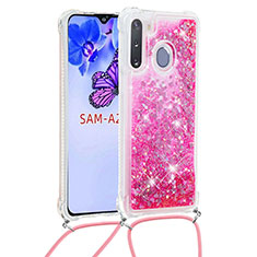 Silikon Hülle Handyhülle Gummi Schutzhülle Flexible Tasche Bling-Bling mit Schlüsselband Lanyard S03 für Samsung Galaxy A21 European Pink