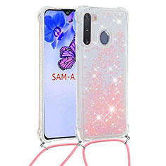 Silikon Hülle Handyhülle Gummi Schutzhülle Flexible Tasche Bling-Bling mit Schlüsselband Lanyard S03 für Samsung Galaxy A21 European Rosa