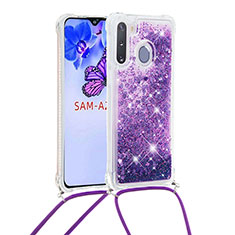 Silikon Hülle Handyhülle Gummi Schutzhülle Flexible Tasche Bling-Bling mit Schlüsselband Lanyard S03 für Samsung Galaxy A21 European Violett