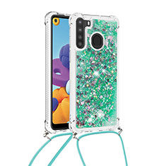 Silikon Hülle Handyhülle Gummi Schutzhülle Flexible Tasche Bling-Bling mit Schlüsselband Lanyard S03 für Samsung Galaxy A21 Grün