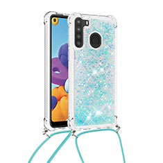 Silikon Hülle Handyhülle Gummi Schutzhülle Flexible Tasche Bling-Bling mit Schlüsselband Lanyard S03 für Samsung Galaxy A21 Hellblau