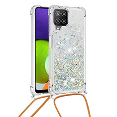 Silikon Hülle Handyhülle Gummi Schutzhülle Flexible Tasche Bling-Bling mit Schlüsselband Lanyard S03 für Samsung Galaxy A22 4G Silber