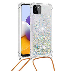 Silikon Hülle Handyhülle Gummi Schutzhülle Flexible Tasche Bling-Bling mit Schlüsselband Lanyard S03 für Samsung Galaxy A22s 5G Silber