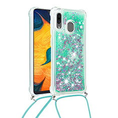 Silikon Hülle Handyhülle Gummi Schutzhülle Flexible Tasche Bling-Bling mit Schlüsselband Lanyard S03 für Samsung Galaxy A30 Grün