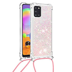 Silikon Hülle Handyhülle Gummi Schutzhülle Flexible Tasche Bling-Bling mit Schlüsselband Lanyard S03 für Samsung Galaxy A31 Rosa