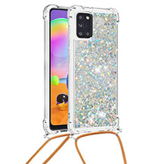 Silikon Hülle Handyhülle Gummi Schutzhülle Flexible Tasche Bling-Bling mit Schlüsselband Lanyard S03 für Samsung Galaxy A31 Silber