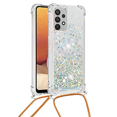 Silikon Hülle Handyhülle Gummi Schutzhülle Flexible Tasche Bling-Bling mit Schlüsselband Lanyard S03 für Samsung Galaxy A32 4G Silber