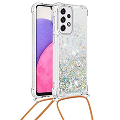 Silikon Hülle Handyhülle Gummi Schutzhülle Flexible Tasche Bling-Bling mit Schlüsselband Lanyard S03 für Samsung Galaxy A33 5G Silber