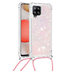 Silikon Hülle Handyhülle Gummi Schutzhülle Flexible Tasche Bling-Bling mit Schlüsselband Lanyard S03 für Samsung Galaxy A42 5G Rosa