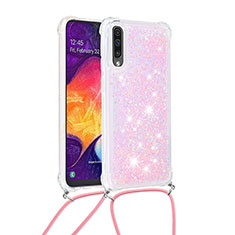 Silikon Hülle Handyhülle Gummi Schutzhülle Flexible Tasche Bling-Bling mit Schlüsselband Lanyard S03 für Samsung Galaxy A50 Rosa