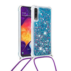 Silikon Hülle Handyhülle Gummi Schutzhülle Flexible Tasche Bling-Bling mit Schlüsselband Lanyard S03 für Samsung Galaxy A50S Blau