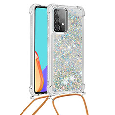 Silikon Hülle Handyhülle Gummi Schutzhülle Flexible Tasche Bling-Bling mit Schlüsselband Lanyard S03 für Samsung Galaxy A52 4G Silber