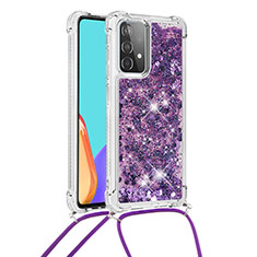 Silikon Hülle Handyhülle Gummi Schutzhülle Flexible Tasche Bling-Bling mit Schlüsselband Lanyard S03 für Samsung Galaxy A52 5G Violett