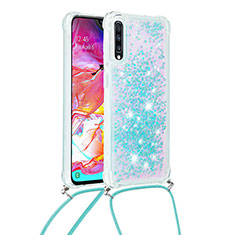 Silikon Hülle Handyhülle Gummi Schutzhülle Flexible Tasche Bling-Bling mit Schlüsselband Lanyard S03 für Samsung Galaxy A70 Hellblau